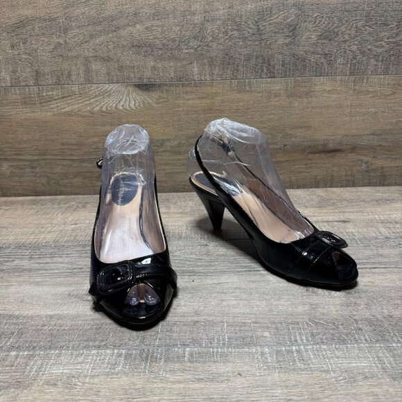 Cole Haan Black Patent Leather Slingback Peep Toe Heels Women's Size 7 - Picture 6 of 7